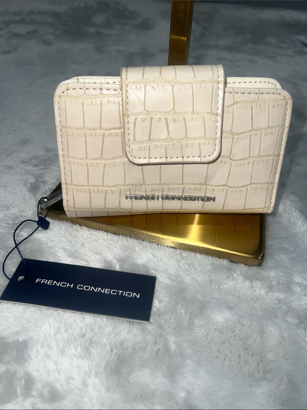 French Connection Cream Croc-Embossed Compact Wallet